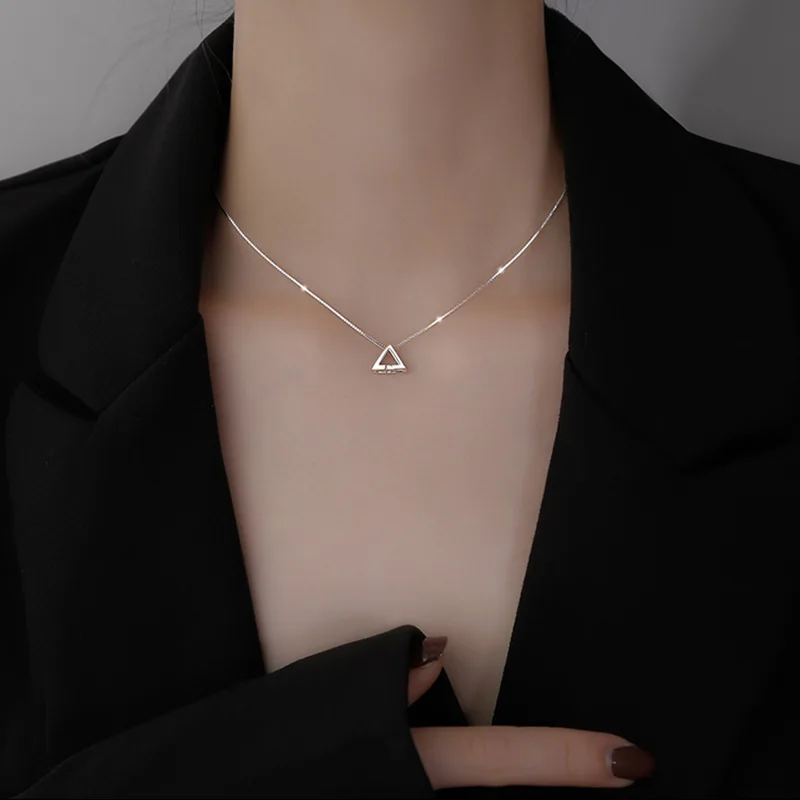 

925 Sterling Silver Crystal Triangle Charm Necklace Pendant Christmas Jewelry For Women Wedding Choker dz155