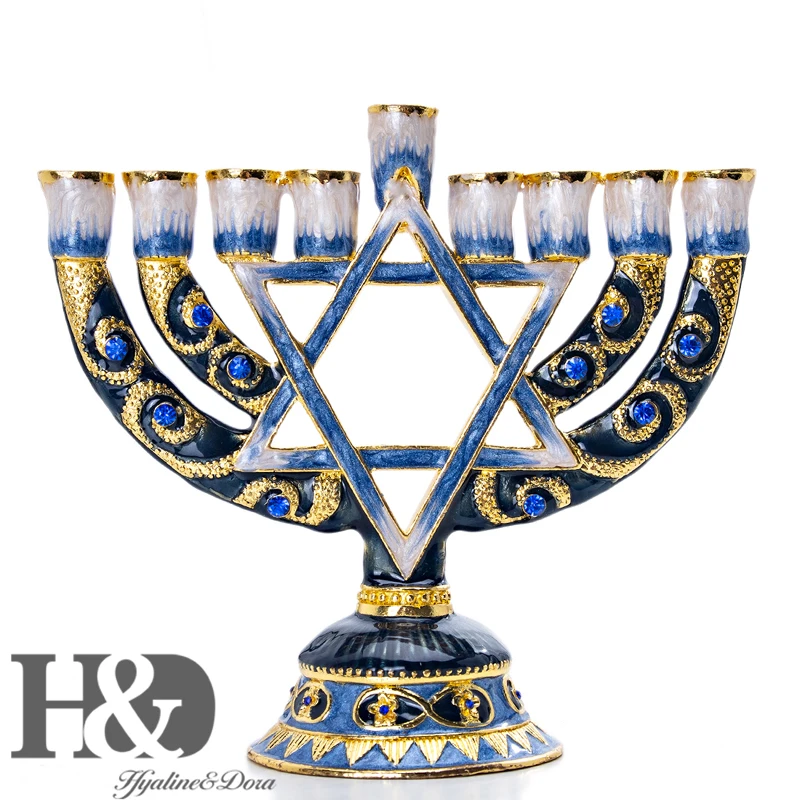 H & D hanukka Menorah ручной держатель для свечей с эмалью и шестигранной звездой Давида 9