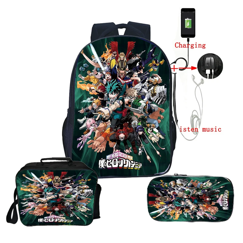 

3pcs Set Boku No Hero Academia USB Backpack for Girls Boys Kids Anime Bagpacks Students Schoolbags with Lunch Bag Pencil Case