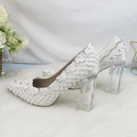 fashion white bridal wedding shoes pointed toe lace flower pearl clear thick heel ladies big size party dress shoes woman pumps