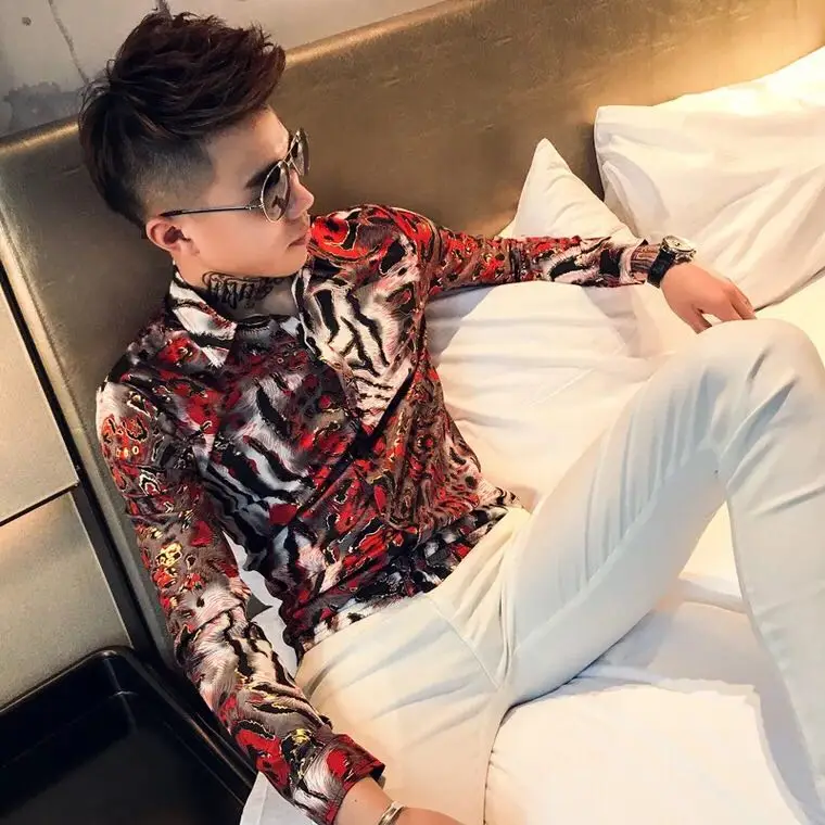 

tide Hot Fashion Spring new Men Dress Korean slim flower shirt beach shirts male long sleeve nightclub hair stylist clothing