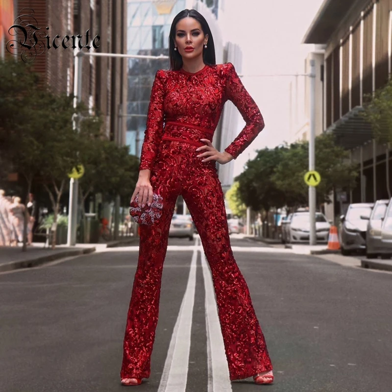 

VC Women Jumpsuit Chic Goregous Floral Sequins Long Sleeves Sashes Design Celebrity Party Club Bandage Romper
