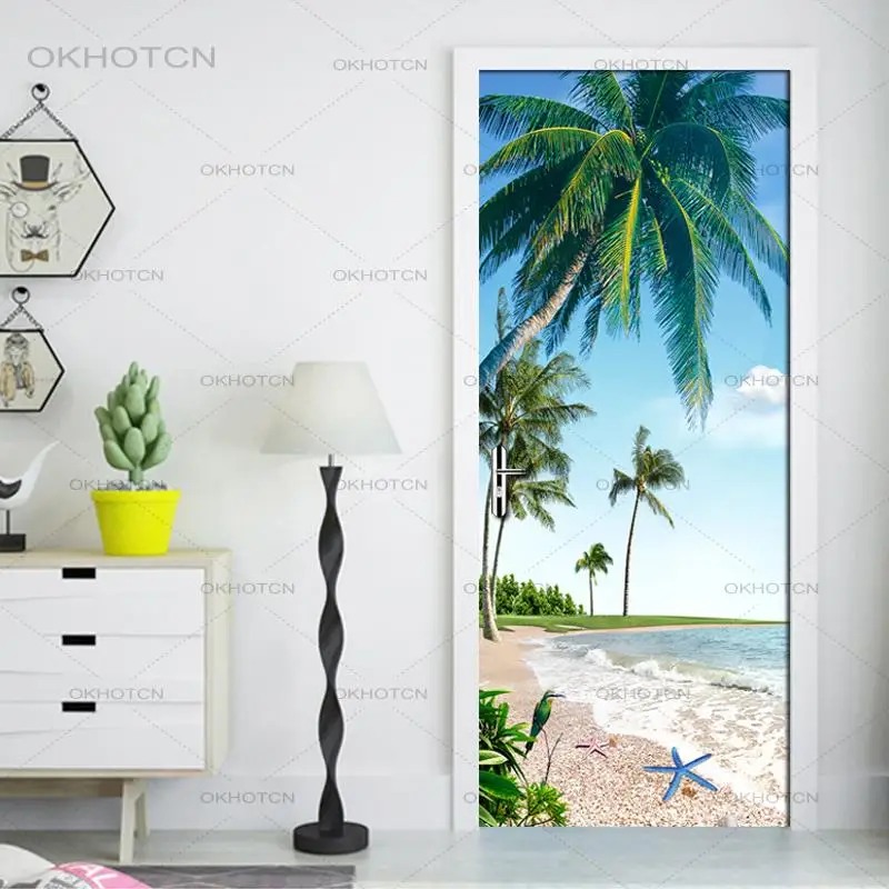 Наклейка на дверь самоклеящаяся с изображением неба кокосового дерева | Дом и сад
