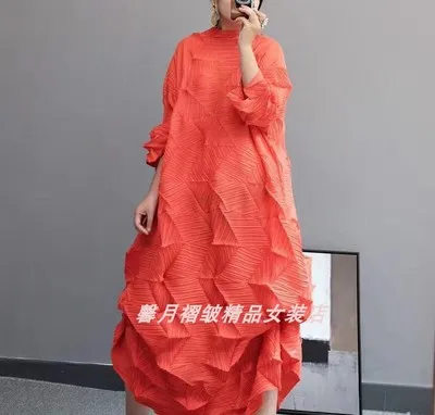 Красный Горячая Miyake модное платье со складками со стразами, однотонное Свободное длинное платье со стоячим воротником - Цвет: Красный
