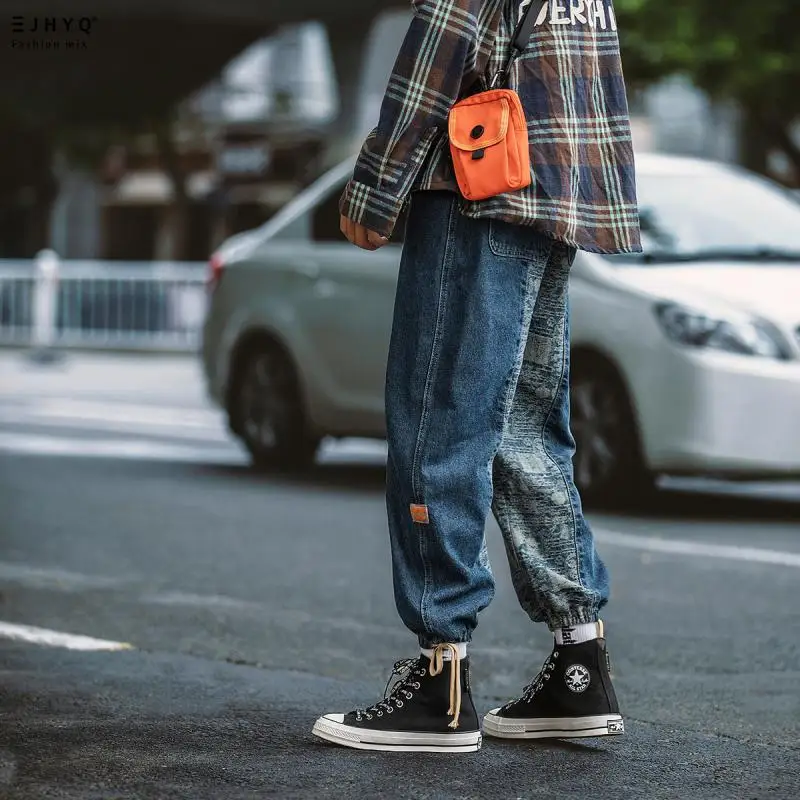 ICCLEK Retro High Street Jeans Fashion Jeans Men's Stitching Beam Foot Tooling Wide Leg Pants Mens Clothing  Wide Leg Jeans