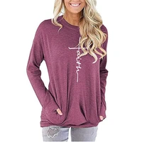 womens t shirt autumn and winter hot letter printing round neck pocket long sleeved t shirt