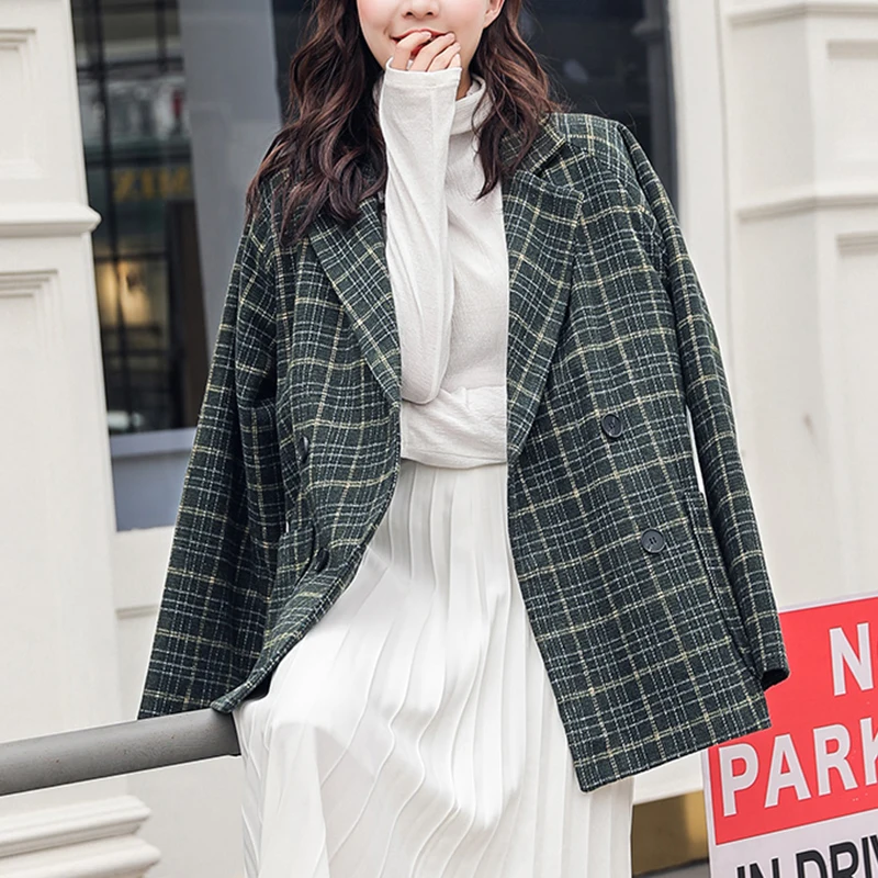 Женский двубортный Блейзер PERHAPS U шерстяной пиджак в клетку зеленого цвета хаки с