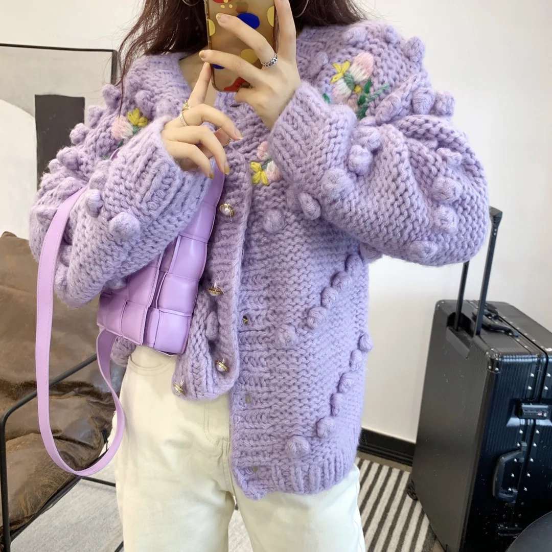 Женский вязаный кардиган ручной работы плотный крючком свитер с объемными