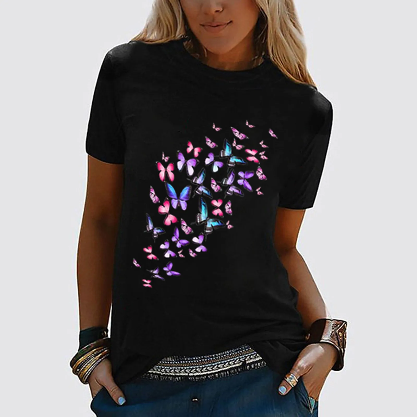 

Модная блузка с принтом бабочки, рубашка, свободные топы с круглым вырезом, летняя футболка, повседневные женские топы, женские блузы с коро...