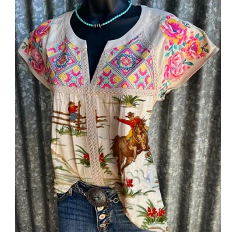 

Lugentolo Vintage Woman Tshirts Summer New Casual V-neck Short Sleeve Tees Loose Printed Graphic T Shirts