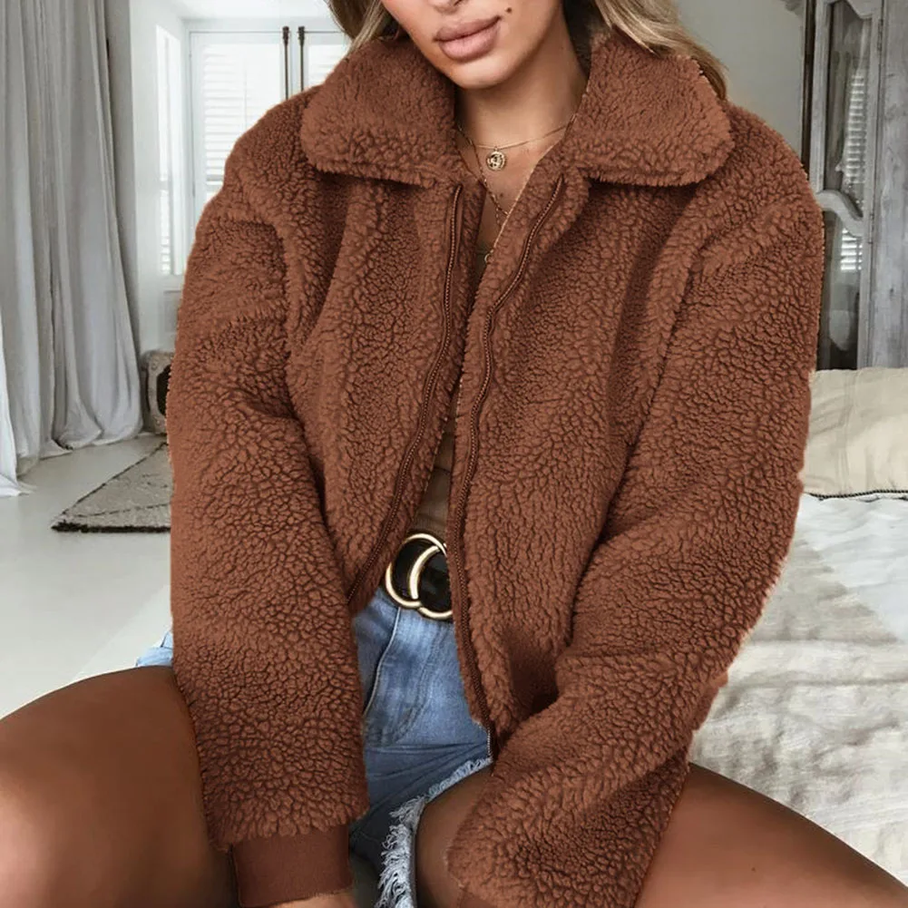 2019 Autumn Winter Faux Fur Coat Women Warm Soft Zipper Jacket Female Plush Overcoat Pocket Casual Elegant Teddy Outwear | Женская