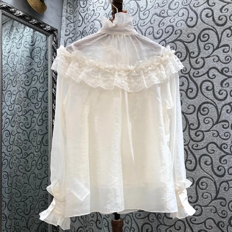 

Top Quality New Silk Cotton Shirts 2021 Spring Summer Blouse Women Bow Collar Ruffle Lace Patchwork Long Sleeve Apricot Blouses