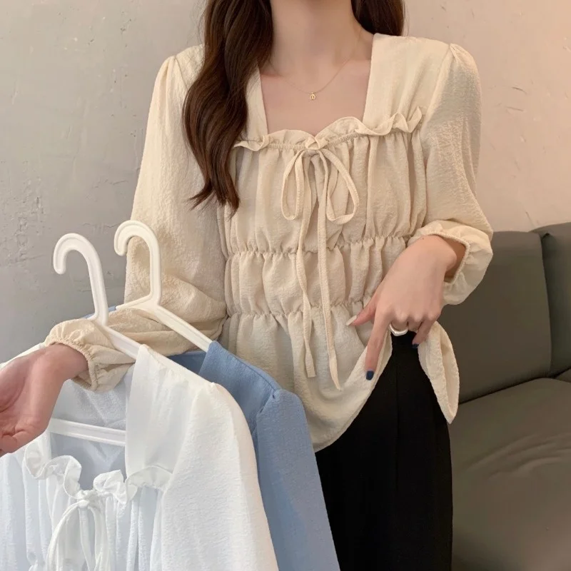 

2021 New Early Autumn Chic Top Design Sense of Minority Blouse Fold Lace Up Square Neck Bubble Long Sleeve Shirt