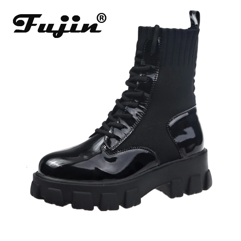 Fujin/женские ботинки Модные носки из лакированной кожи Черные на платформе