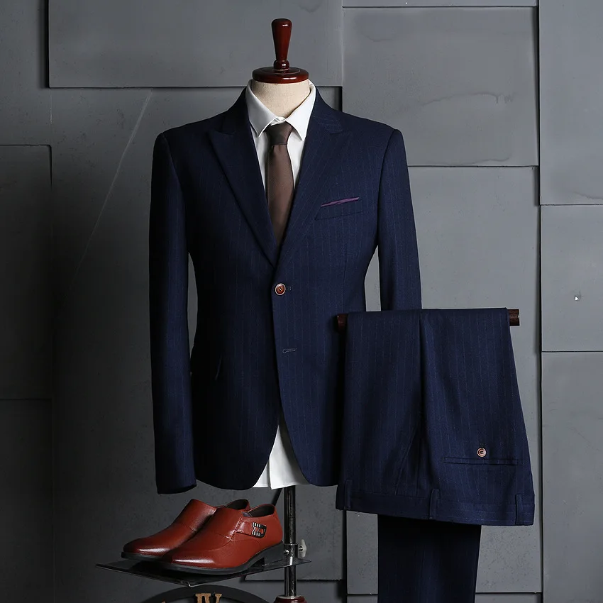 

Men's Business Blazer Suits Slim Fit Stripe Suit Professional Dress Three Piece Bridegroom Wedding Suits for Men Tuxedos Blue