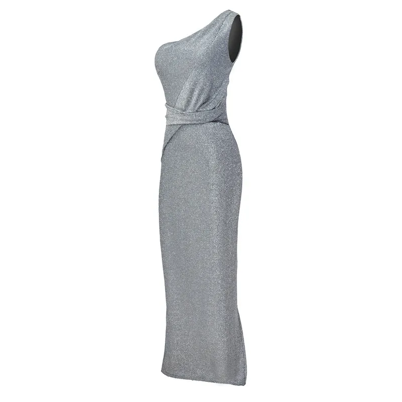 

Summer Women Long Dress Sexy One Shoulder Backless Slit Party Dress Glitter Sparkle Elegant Bodycon Dresses Female Robe Vestidos