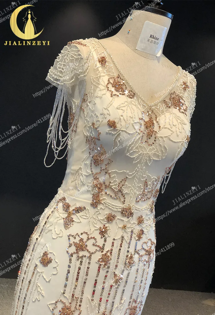 Rhine real Pictures V neck with Gold beads Mermaid Prom dresses arabic evening dresses long
