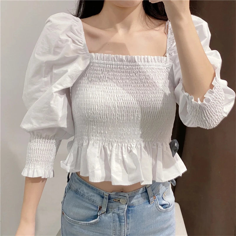 

YOSIBCD Women 2021 Sweet Fashion Elastic Smocked Cropped Blouses Vintage Lantern Sleeve Ruffled Hem Female Shirts Chic Tops