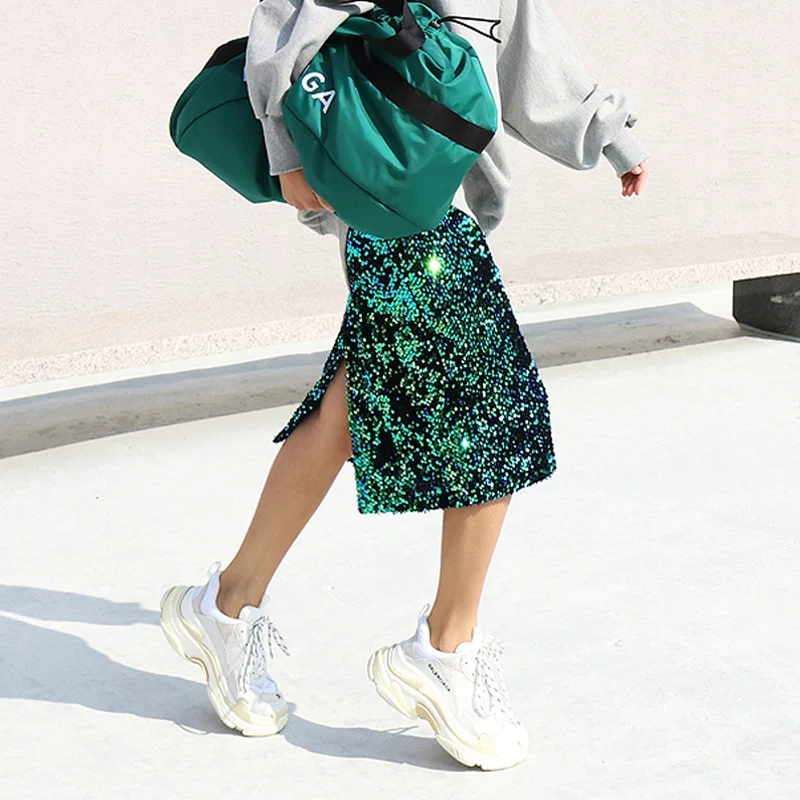 Блестками длинная юбка модные бархатные блесток Разделение эластичные Модные