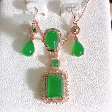 

Розовое золото, Розовый Зеленый Халцедон, Агат Нефритовая серьга, кулон пин-Ань, набор колец стразы, циркон, кристалл, драгоценные камни, юве...