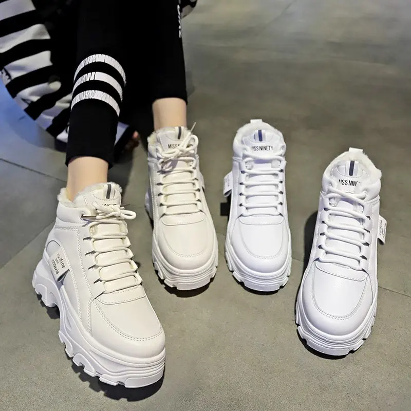 Warm Short Fur Sneakers Women 2021 Autumn Winter Fashion Shoes Woman Lace Up leather white p491 | Обувь