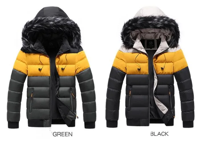 Fur Collar Coat Men's Winter Outdoor Warm Jacket Youth Hooded Jacket  Thick Warm Parka Splice Windproof Color Matching