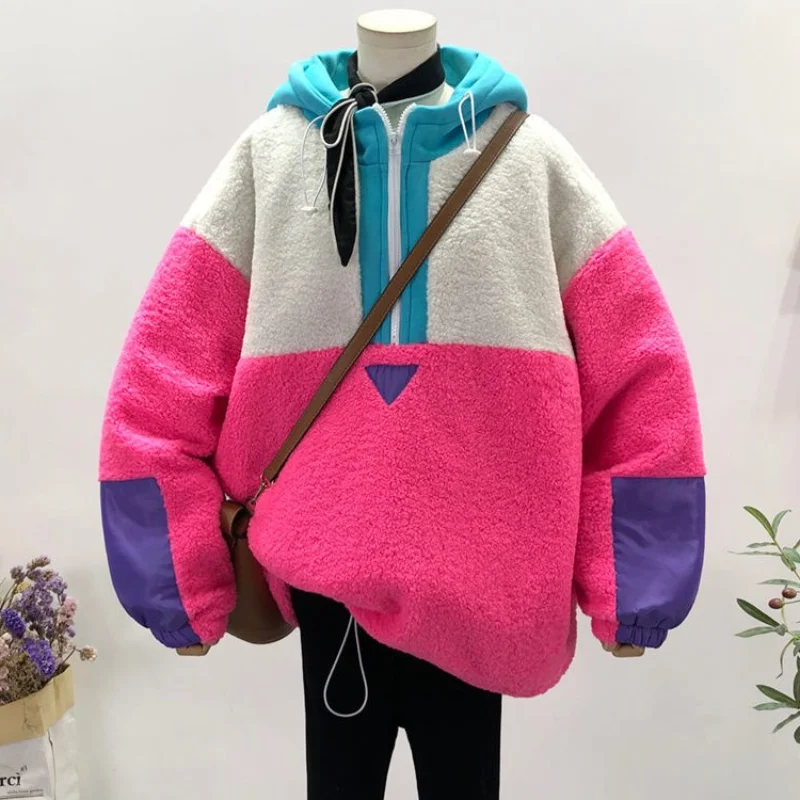 

Korean version of loose fuzzy warm student coat female cotton coat autumn winter thickened hooded color lamb down hoodie tide