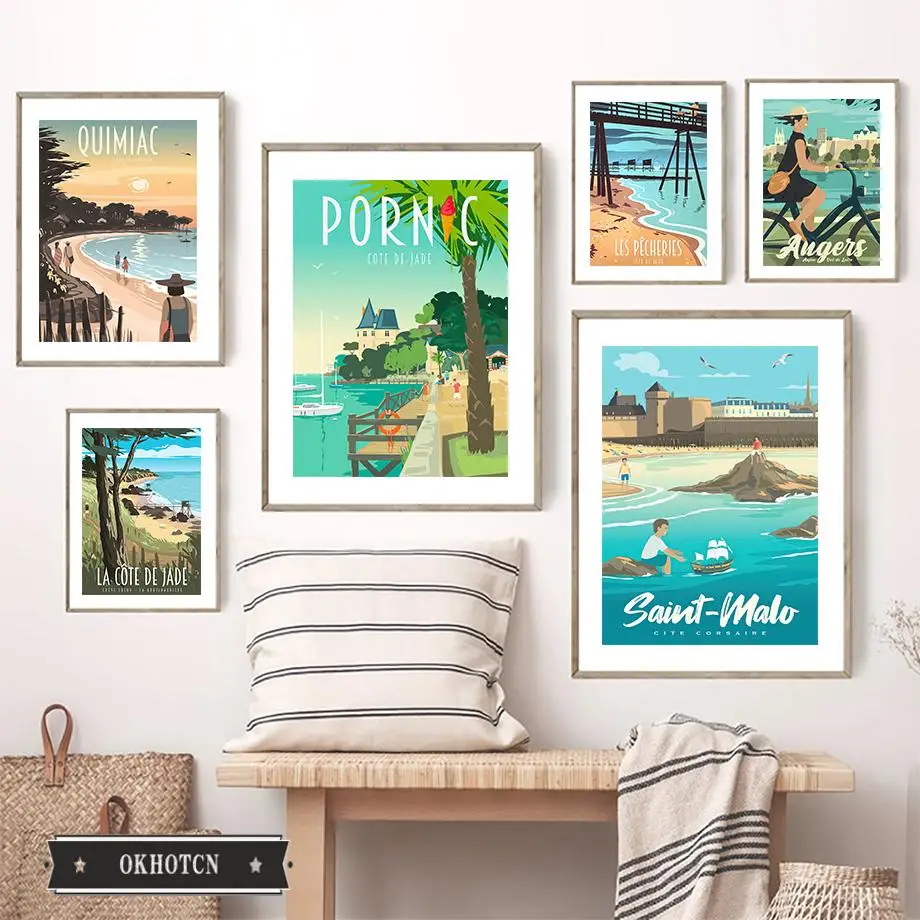 

Vintage Anime Travel Scenery Canvas Painting Famous City France Piriac Pornic Posters and Prints Wall Art Nordic Pictures