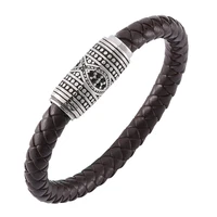 hot fashion brown braided leather bracelet punk jewelry men retro bracelets stainless steel magnetic clasp male wristband pd0149