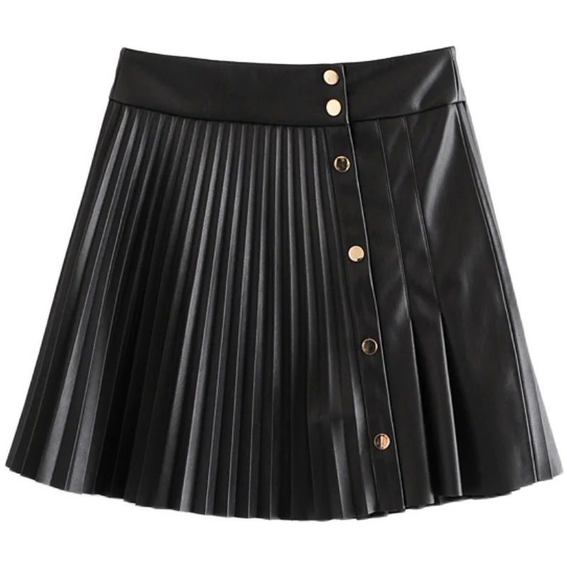

High Waist Black Leather Skirt Front Single Breatsed Sexy Mini Length Pleated Skirt Casual Gothic Skater Clothes