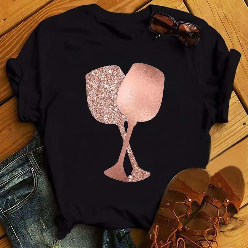 

Fashion T-Shirt For Girl Goblet Wine Print T Shirt Short Sleeve Tshirt Summer Women Tee Shirt Women Trend 2022 Women's Clothing
