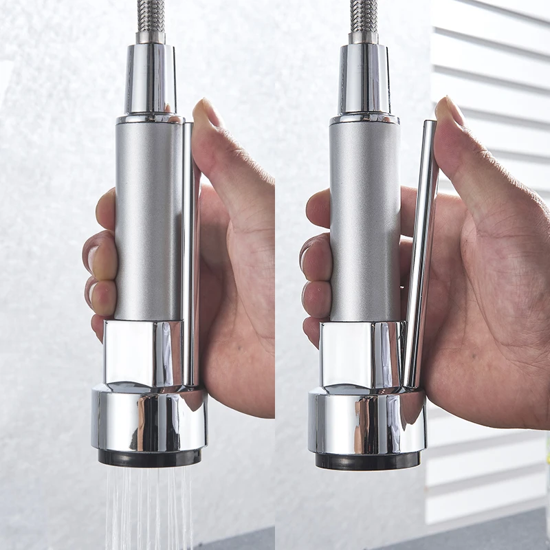 Хромированный пружинный кухонный кран вытяжной боковый распылитель двойной