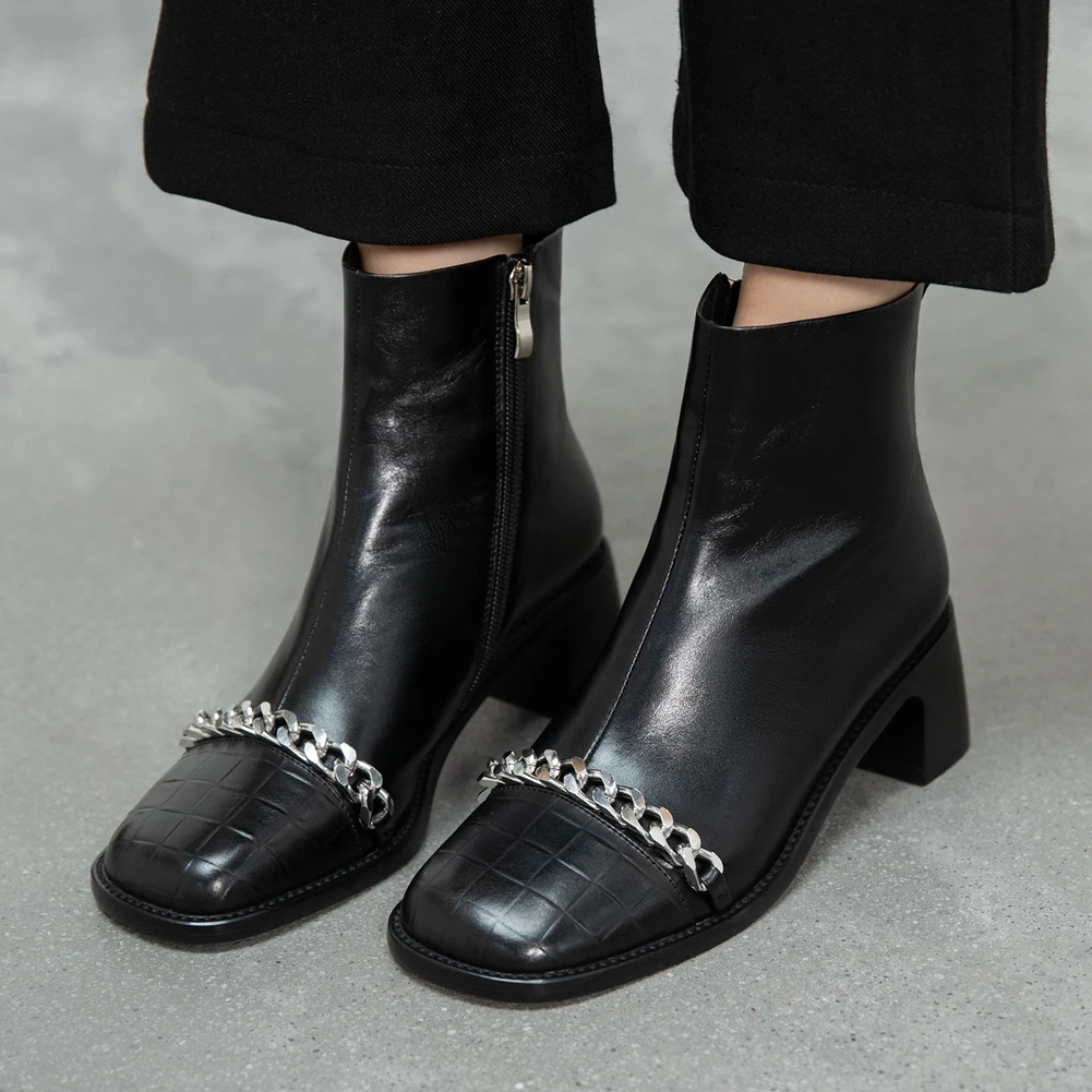 

KARINLUNA New Female Metal Decoration Boots Square Toe Thick High Heels Zip Ankle Women Boots Genuine Leather Women Shoes