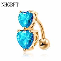nhgbft double love zircon belly button rings dangle piercing navel bar ring stainless steel body jewelry