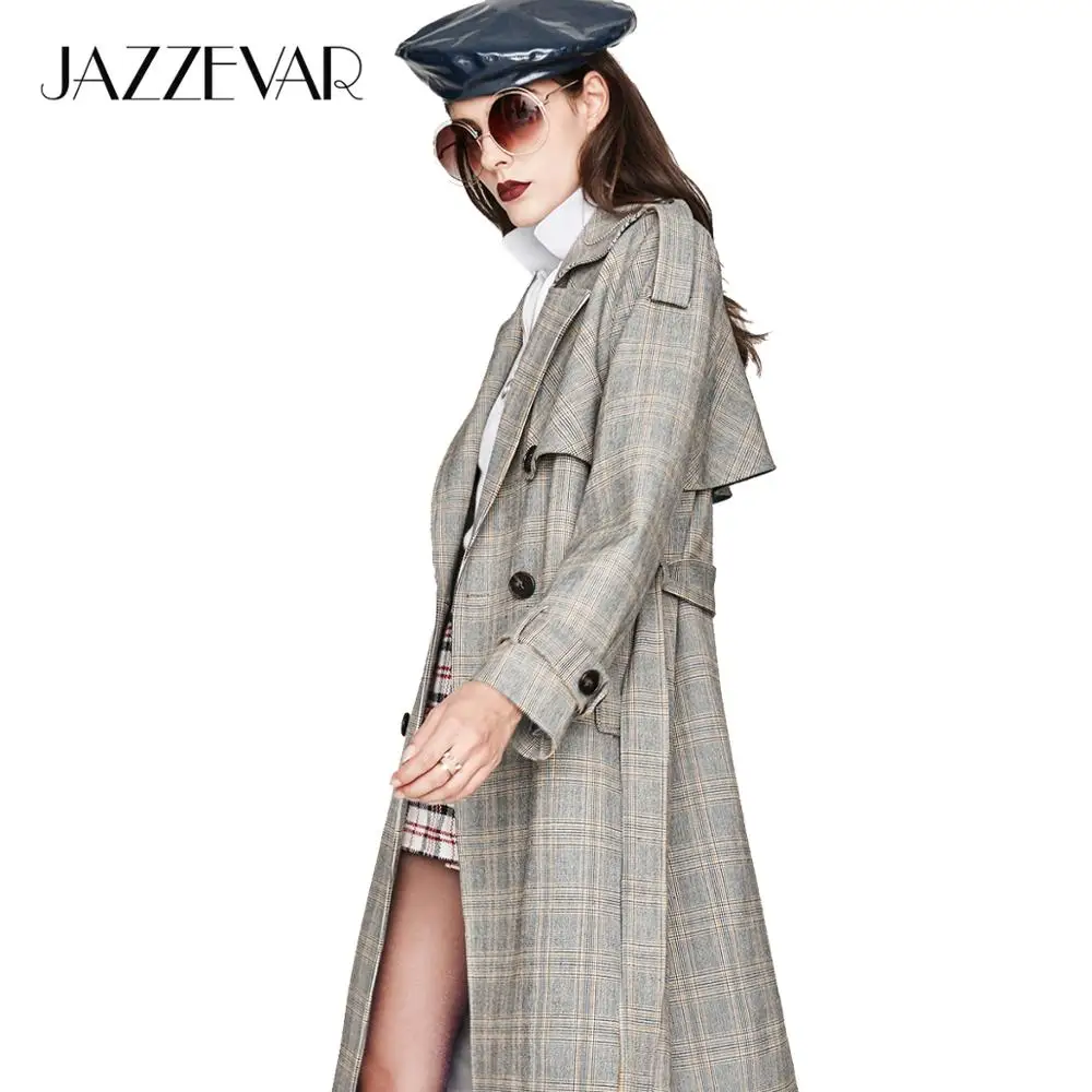 JAZZEVAR Новинка Осенняя мода Уличная Повседневная Женская винтажная клетчатая двубортная тренчи женские Верхняя одежда Высокое качество женская мода YA7015