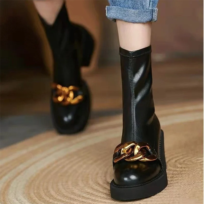 

Women Short Boot PU Slip-On Platform Square Heels Chain Decoration Female Ankle Boots Solid Elegant Ladies Footwear Fashion New