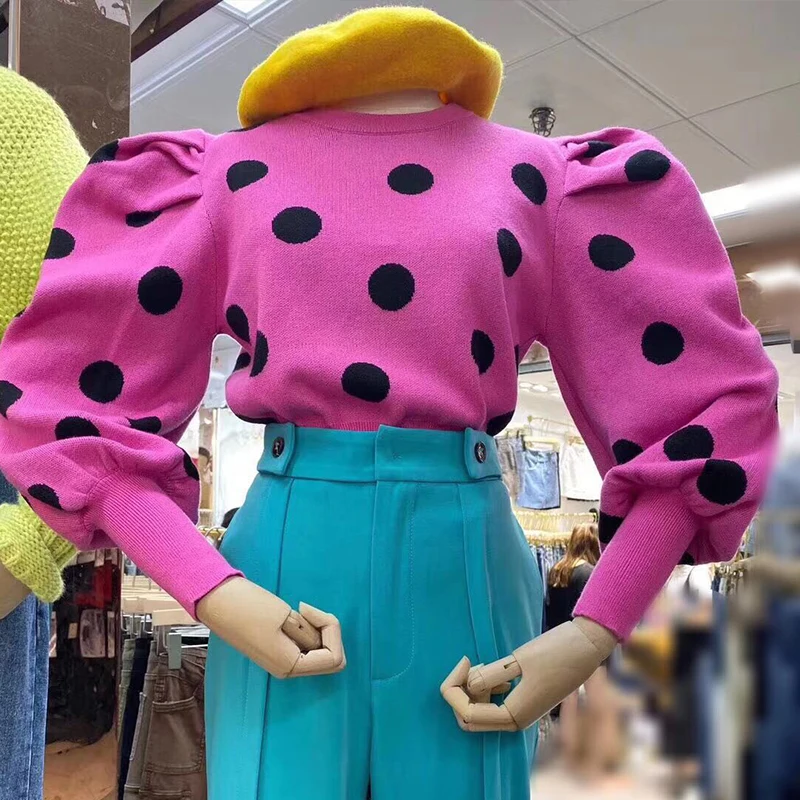 Женский трикотажный укороченный свитер уличный пуловер в горошек с длинными