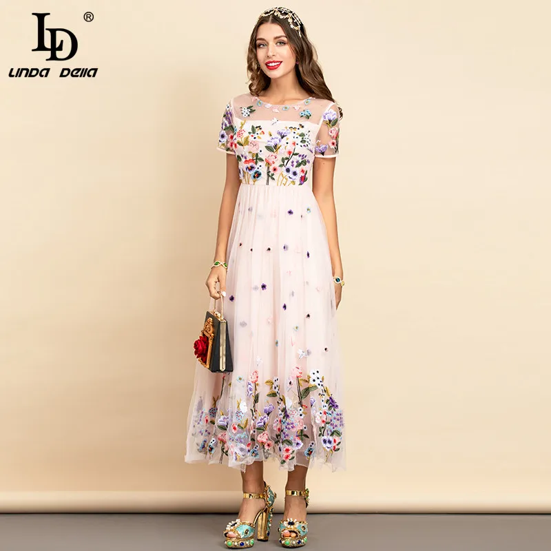 

Женское длинное платье LD LINDA DELLA, подиумное кружеввечерние чатое платье трапециевидной формы с цветочной вышивкой, лето 2021