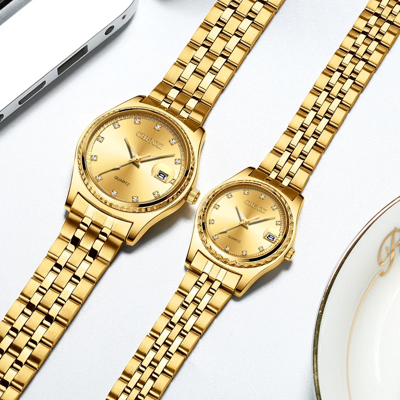 CHENXI Lover Watches Luxury Diamond Gold Wrist Watch Calendar Quartz Watches For Men Women Wristwatches Fashion Stainless Steel