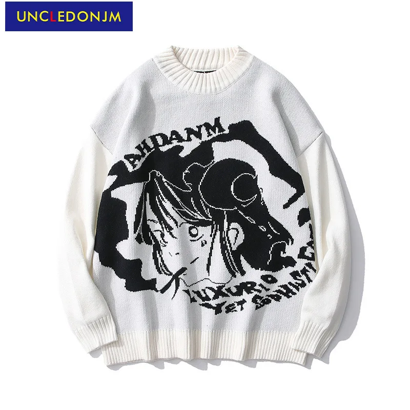 

UNCLEDONJM Japanese anime print trendy men sweater street hip-hop retro pullover autumn and winter couple casual sweater D006
