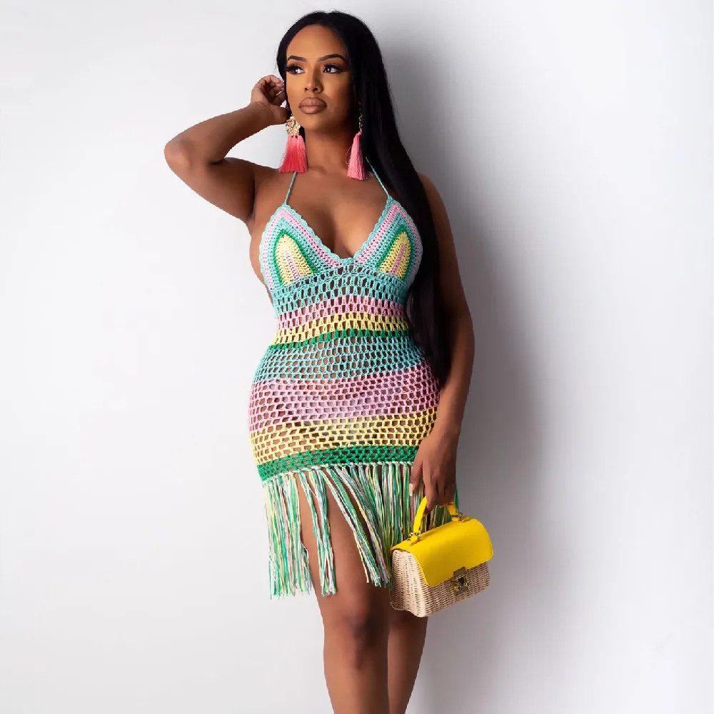 Вязаное пляжное платье ручной работы накидка с радужными кисточками и открытой