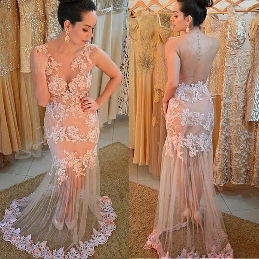 

Tulle Scoop Neckline Mermaid Evening Dresses With Lace Appliques See Through Champagne Prom Dress Illusion Back Party Dress