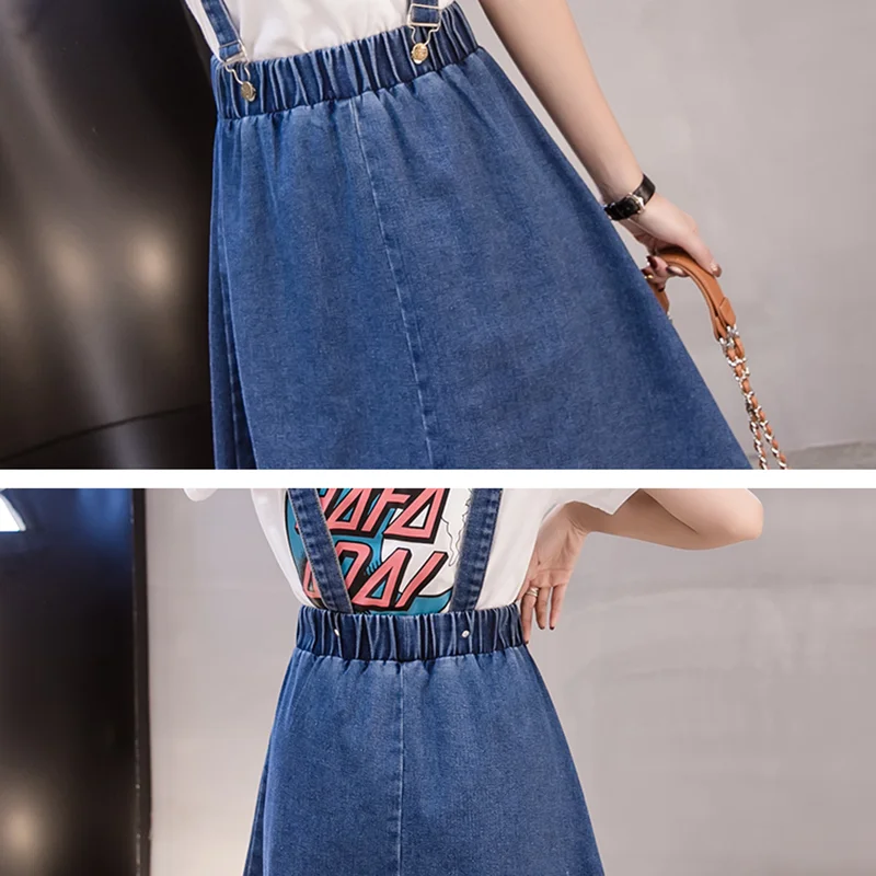 Women Denim Skirt Suspender Jumper Adjustable-Strap Plus-Size High-Waist Jean Fashion Ladies Casual Student A-Line | Женская одежда