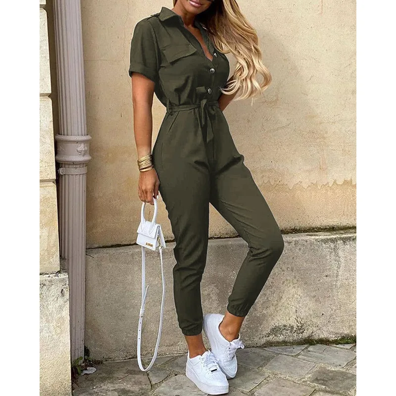 

Summer Fashion Indie Print Jumpsuits Women Boho Comfortable Casual Solid Colors Button Bodysuits Bandage 2021 Female Clothing