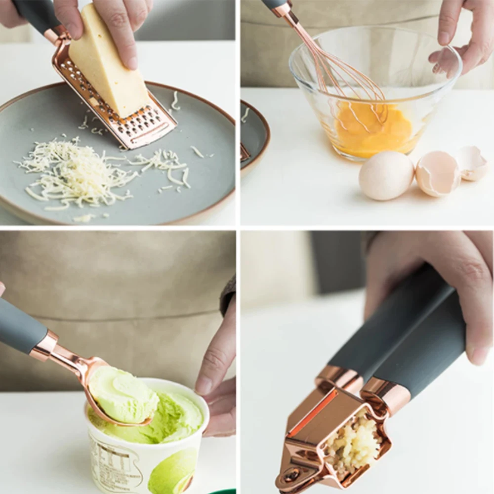 walfos 7 pcs kitchen gadget set copper coated stainless steel utensils with soft touch rose gold garlic press pizza cutter free global shipping