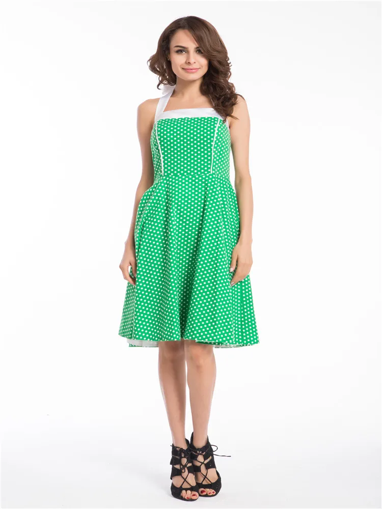 

Зеленое платье в горошек с воротником хомутом в стиле 50-х годов в стиле рокабилли женское-6xl зеленое платье в белый горошек