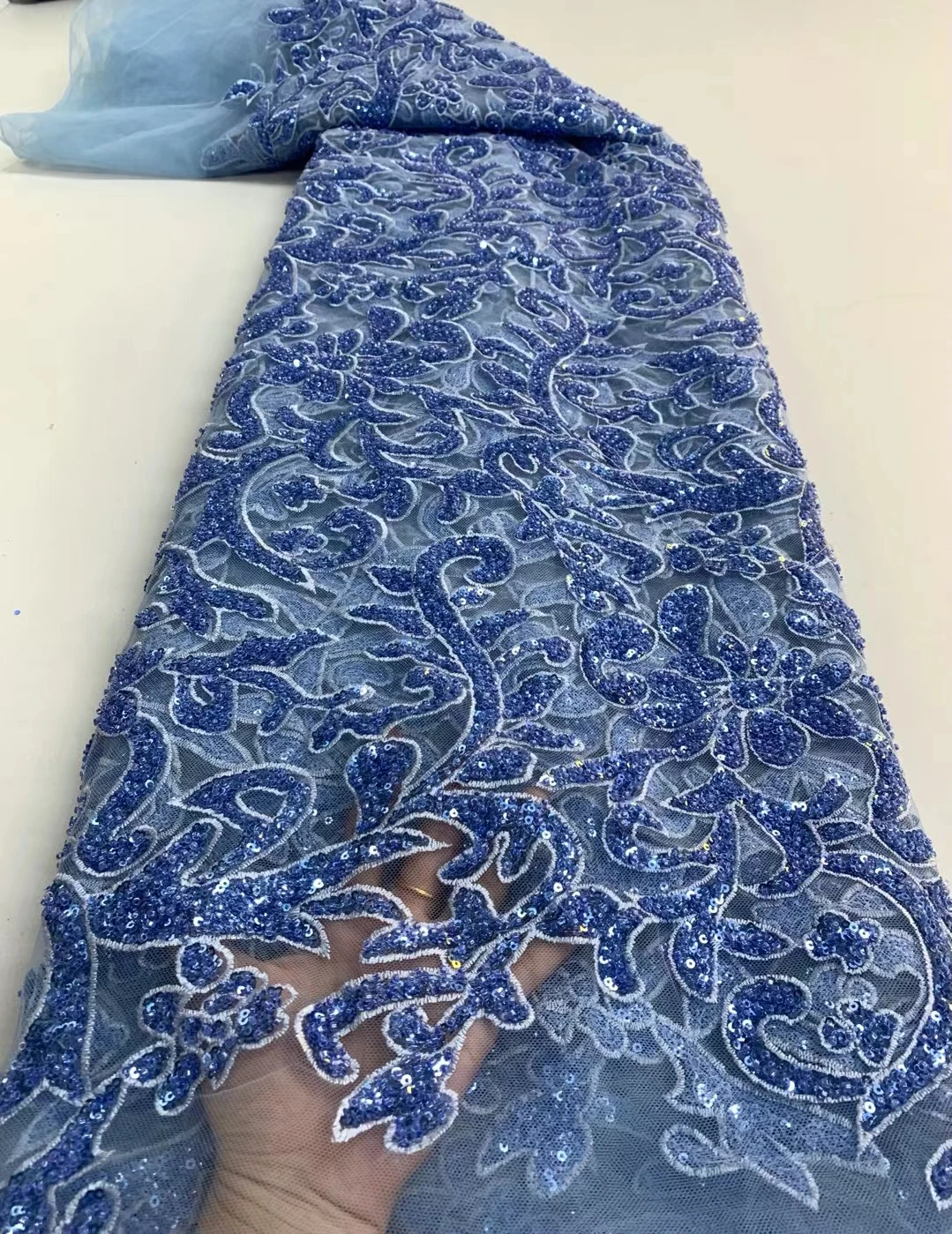 

High Quality Blue African Beaded Lace Fabric 2022 Fashion 3D Embroidered French Mesh Lace For Nigeria Party Dress