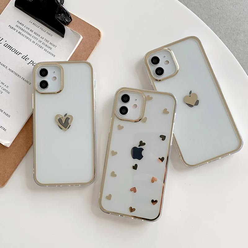 

Luxury Electroplating Gold Love Heart Phone Case For iPhone 12 11 Pro Max X XS 7 8 Transparent Back Cover