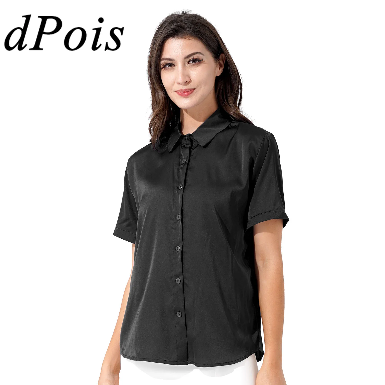 

Women's Shirts OL Style Elegant Solid Color Satin Blouse Short Sleeve Button Down Shirt Office Ladies Casual Summer Womens Top
