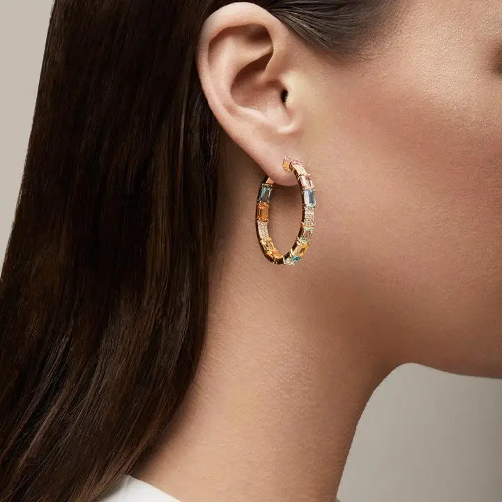 geometric square baguette cz pastel colorful huggie hoop earring stunning trendy women jewelry